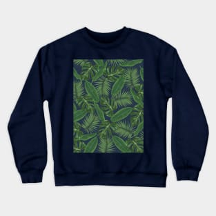 Tropical Green Leaves Pattern on Dark Blue Crewneck Sweatshirt